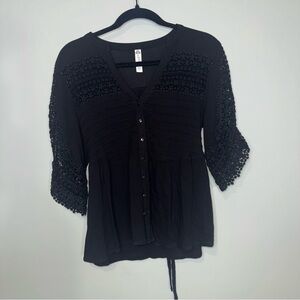 American Rag Black Crochet Lace Sleeve Button Up‎ Blouse